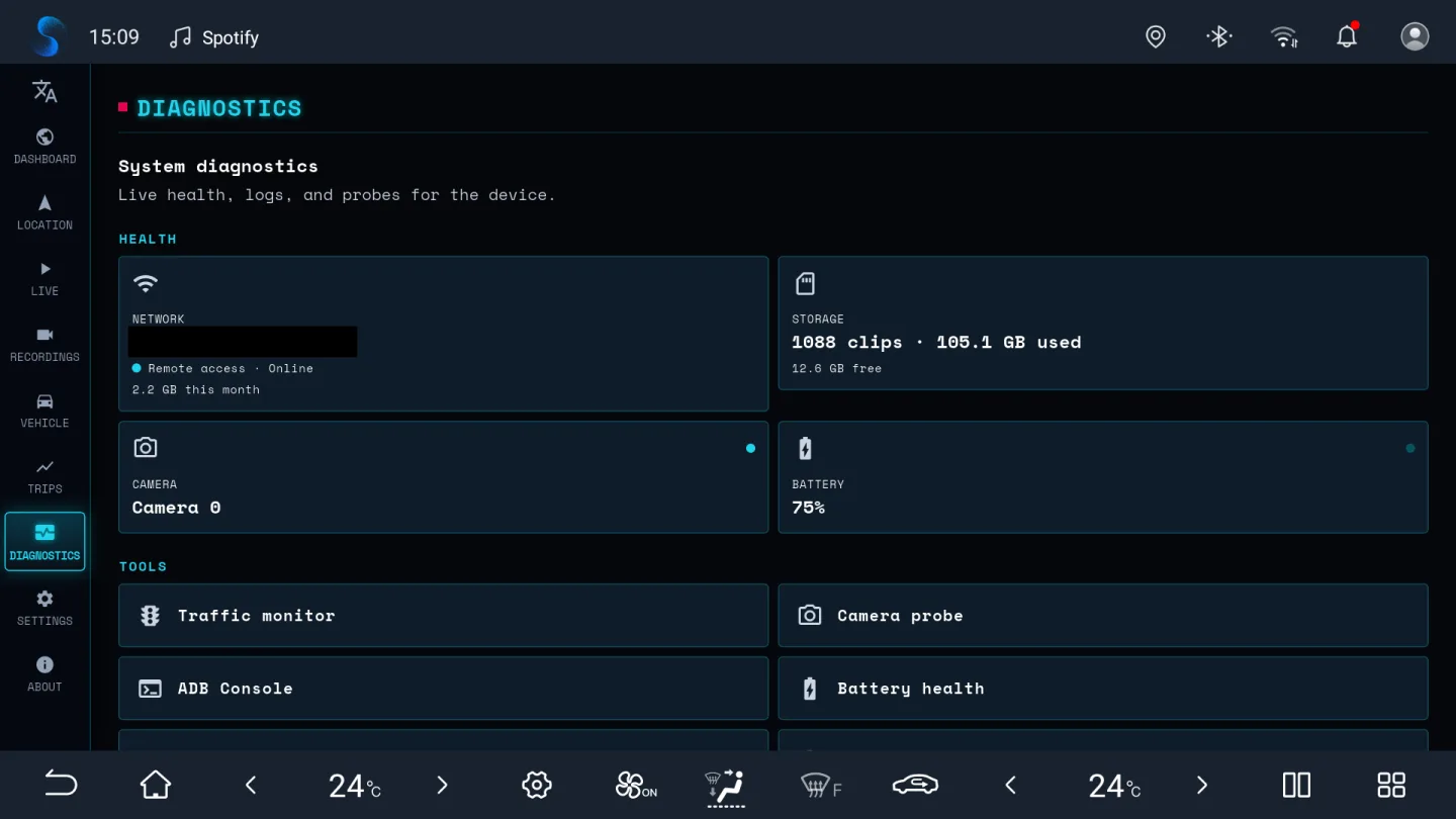 BladeWatch diagnostics for network, storage, camera and battery on a BYD head unit
