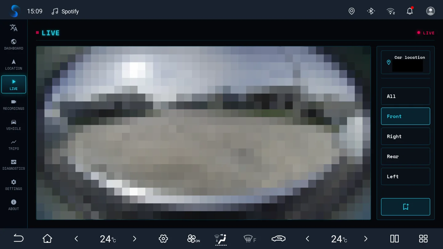 BladeWatch live panoramic dashcam view on a BYD head unit
