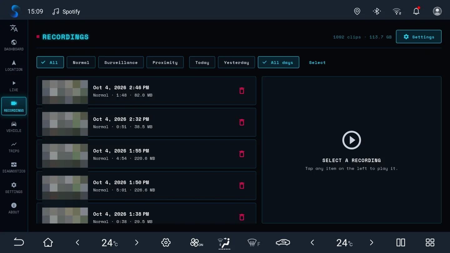 BladeWatch recordings library on a BYD DiLink v3 head unit