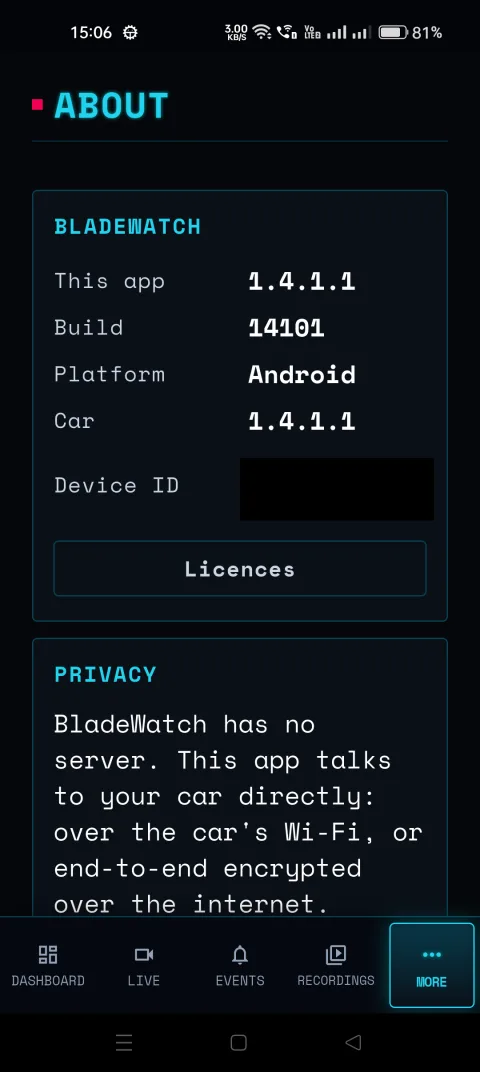 BladeWatch companion app about screen showing the paired car version