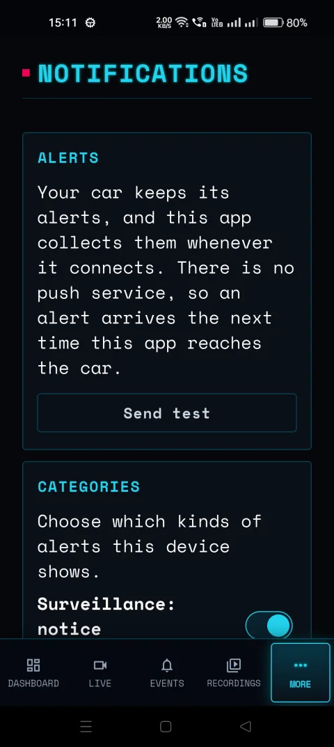BladeWatch companion app alert settings for a BYD car